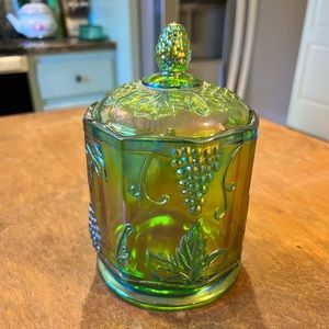VTG Indiana Carnival Glass Iridescent Emerald Green Harvest ~Canister-Candy Jar